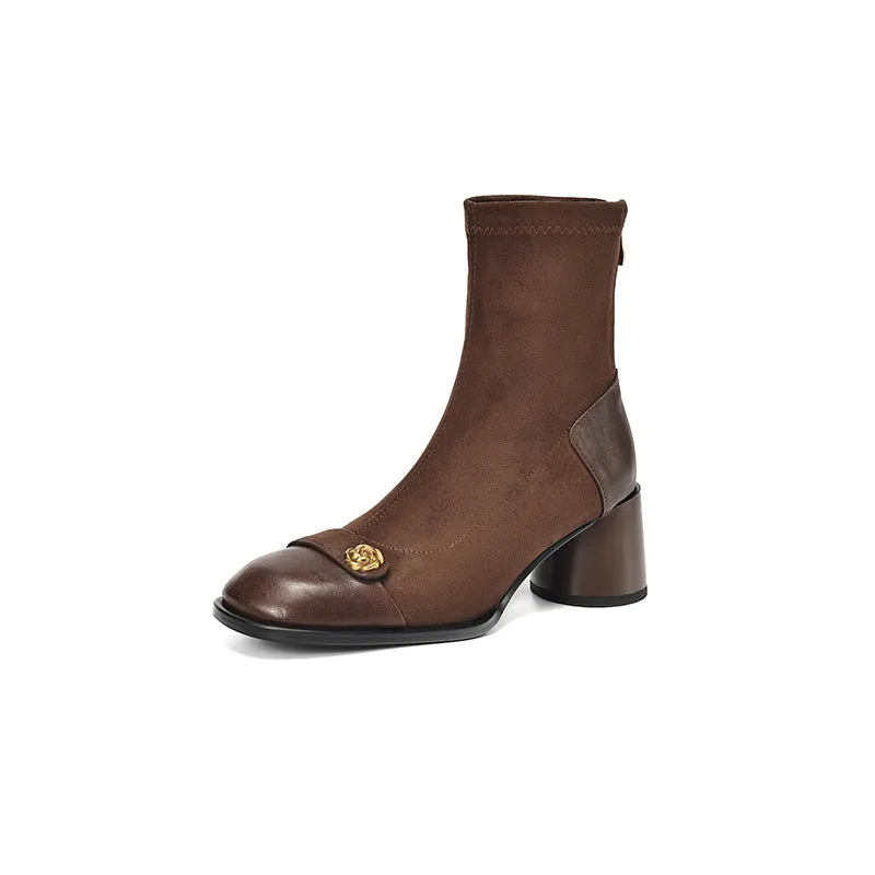 2025  Splicing suede camellia high heel thick heel short boots children elastic thin boots large size