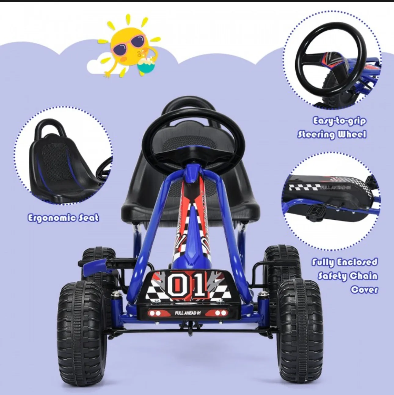 2025 Super Cool Upgraded 4 Wheel Pedal Powered GoKart Ride On Car | Adjustable Seat | Heavy Duty Seat | Enclosed Chain For Safety