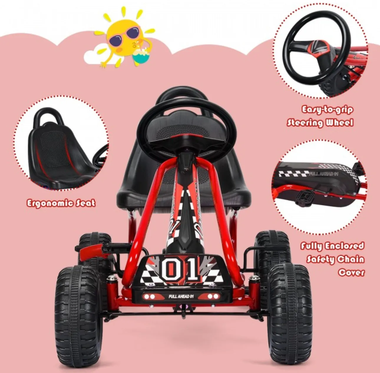 2025 Super Cool Upgraded 4 Wheel Pedal Powered GoKart Ride On Car | Adjustable Seat | Heavy Duty Seat | Enclosed Chain For Safety