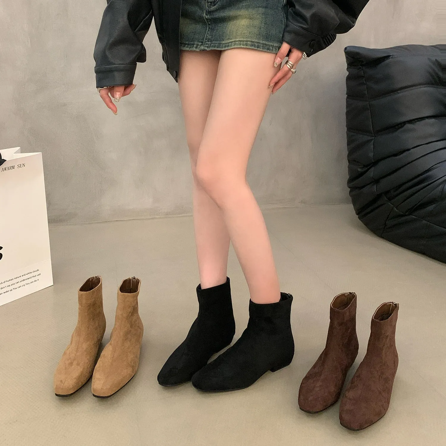 2025  thick heel khaki thin boots women's shoes popular new spring and autumn single boots retro suede Korean small short boots