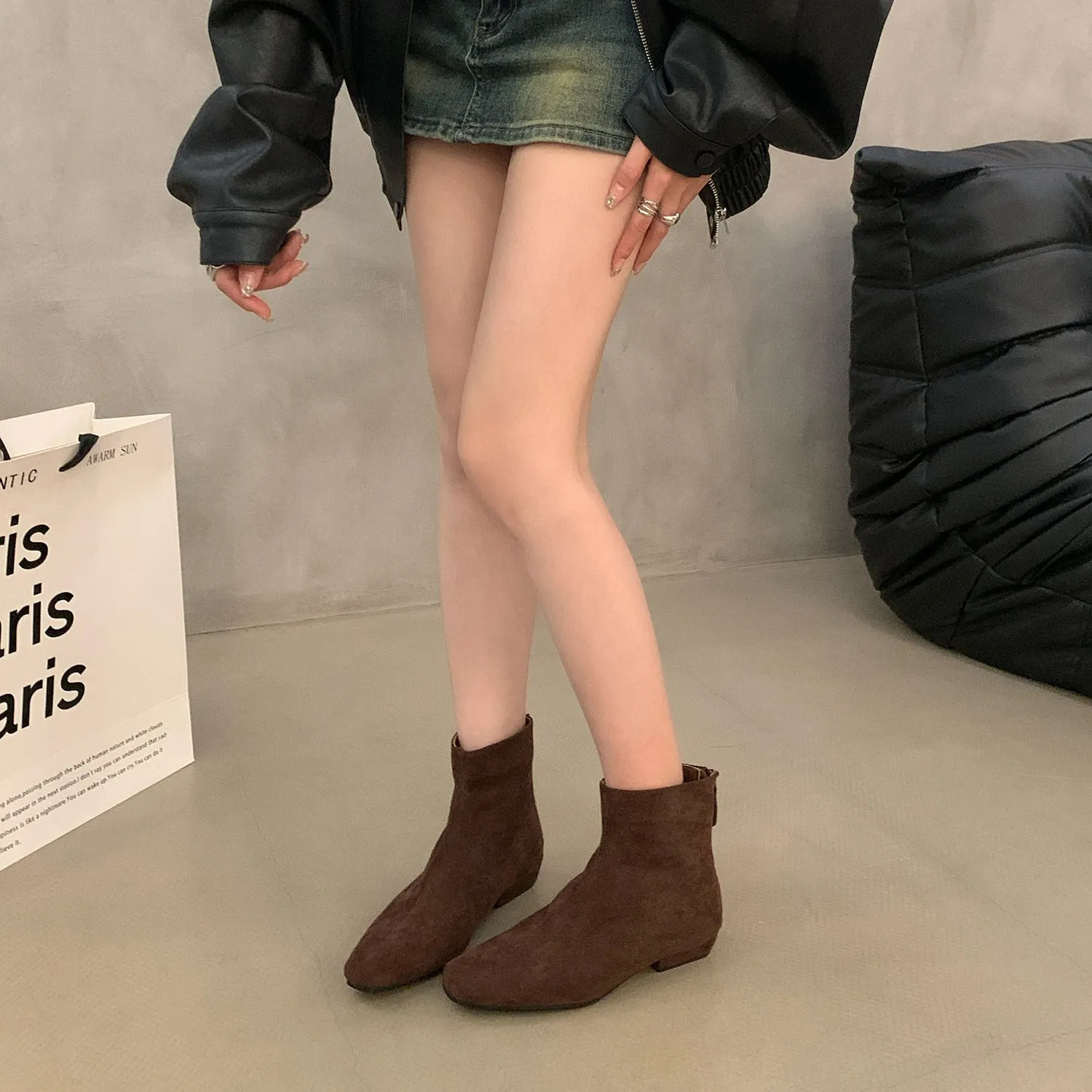 2025  thick heel khaki thin boots women's shoes popular new spring and autumn single boots retro suede Korean small short boots