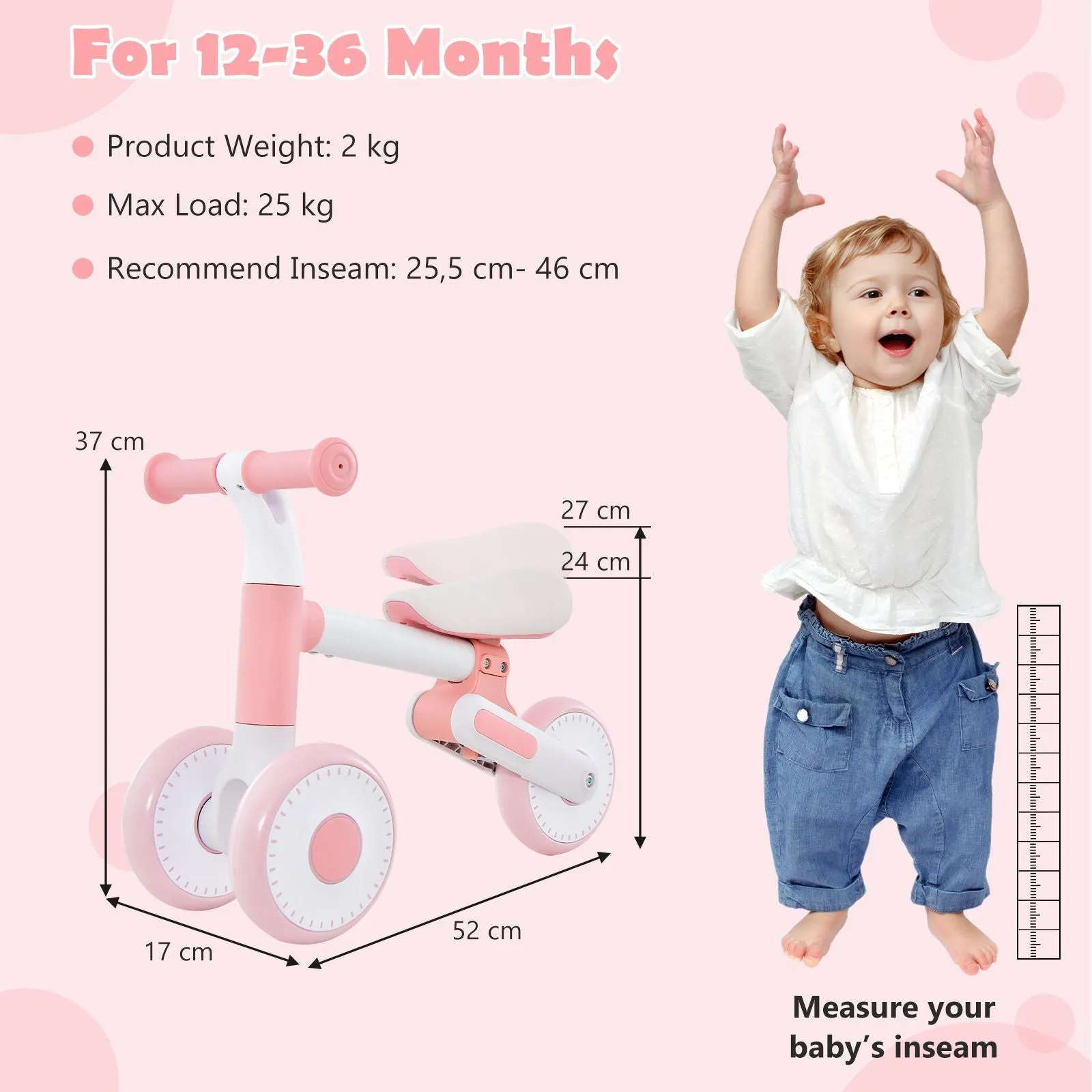 3 Wheel Push Along Training Bike | Balance Bike | Adjustable Seat Height | 2 Colours | 1-3 Years