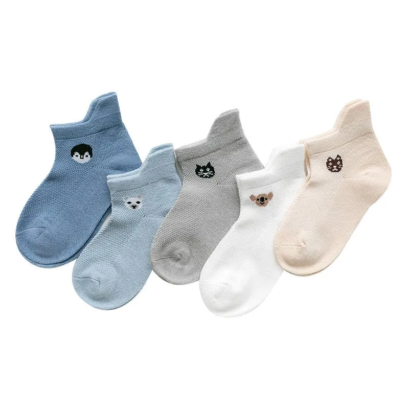 5 Pairs Kids Soft Cotton Breathable Anti-Slip Socks - Blue, Green, Yellow, Pink