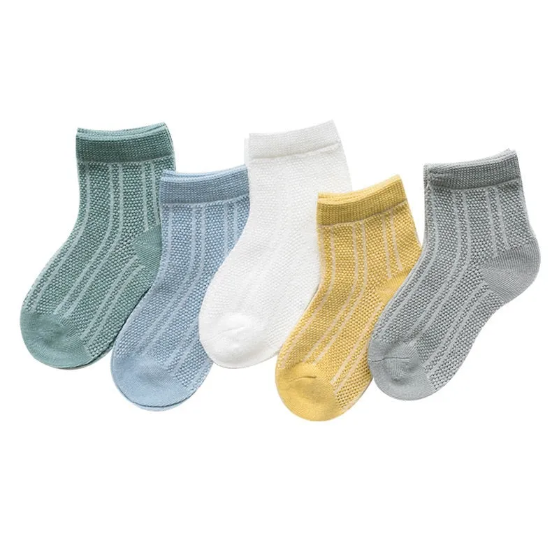 5 Pairs Kids Soft Cotton Breathable Anti-Slip Socks - Blue, Green, Yellow, Pink