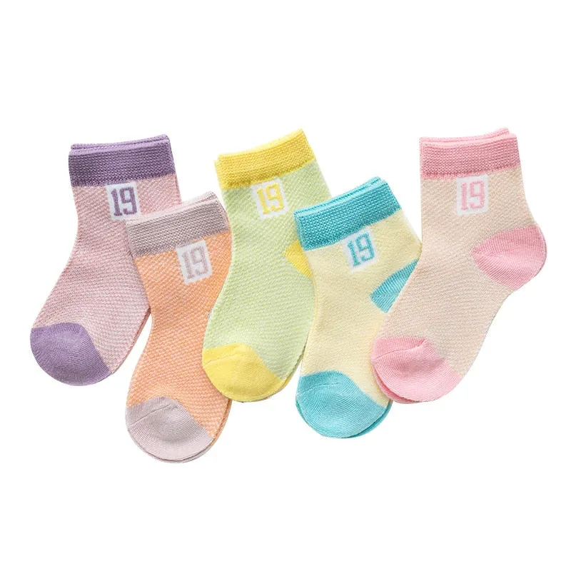 5 Pairs Kids Soft Cotton Breathable Anti-Slip Socks - Blue, Green, Yellow, Pink