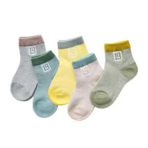 5 Pairs Kids Soft Cotton Breathable Anti-Slip Socks - Blue, Green, Yellow, Pink