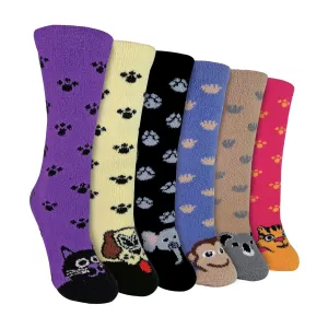 6 Pack Ladies Novelty Animal Pattern Fleece Lined Slipper Socks