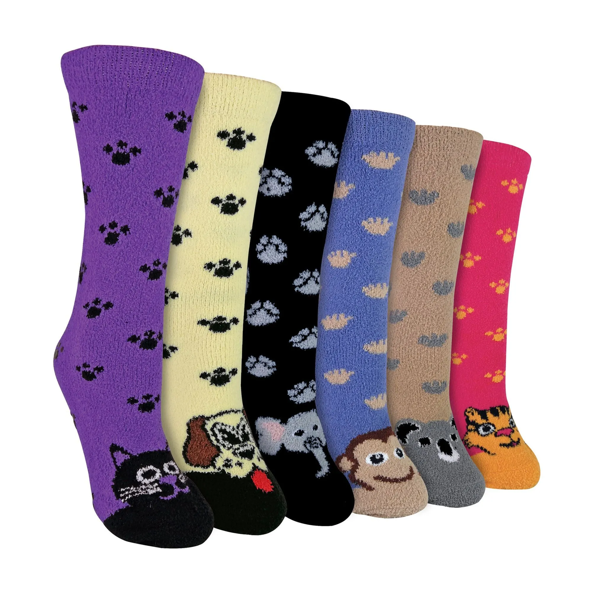 6 Pack Ladies Novelty Animal Pattern Fleece Lined Slipper Socks