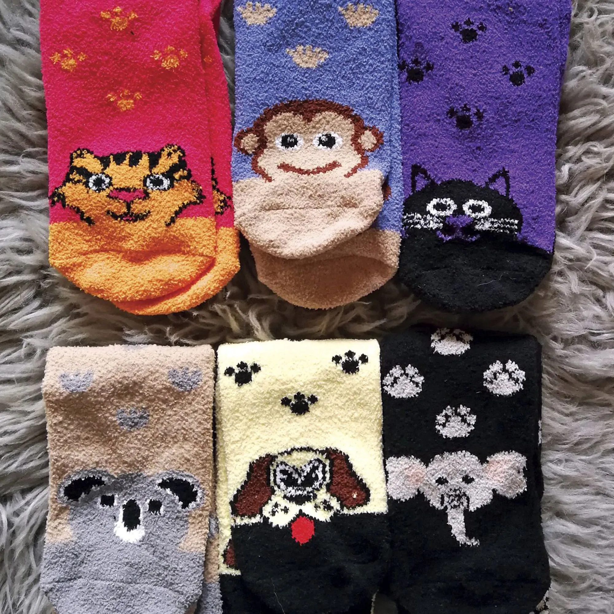 6 Pack Ladies Novelty Animal Pattern Fleece Lined Slipper Socks