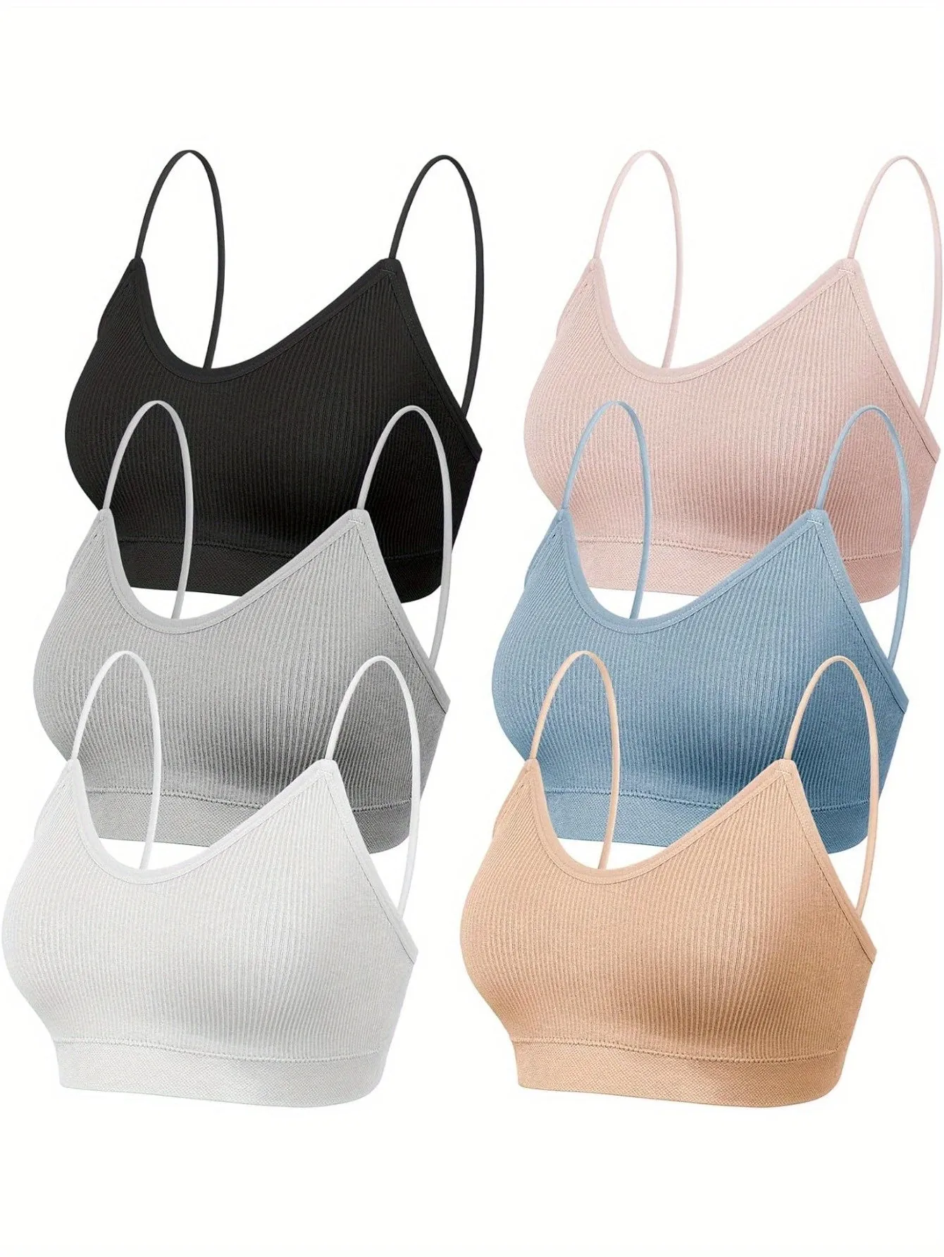 6-Piece Women's V-Neck Padded Sports Bra Pack - Cami Bando with Elastic Straps for Sleep