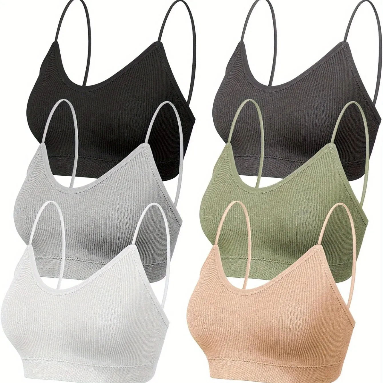 6-Piece Women's V-Neck Padded Sports Bra Pack - Cami Bando with Elastic Straps for Sleep
