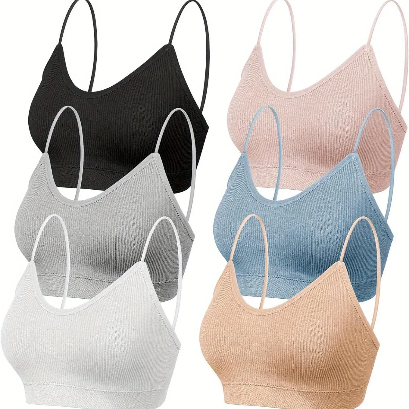 6-Piece Women's V-Neck Padded Sports Bra Pack - Cami Bando with Elastic Straps for Sleep