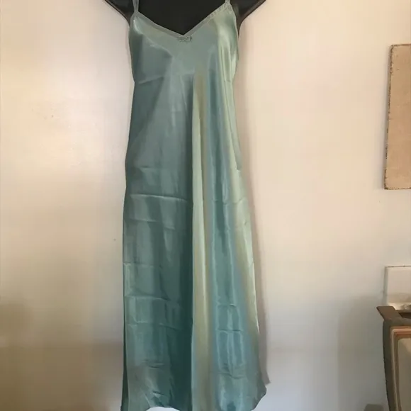 80s seafoam satin  Maxi slip dress with Robe Set Sz Sm