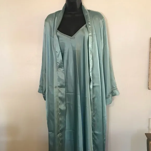 80s seafoam satin  Maxi slip dress with Robe Set Sz Sm