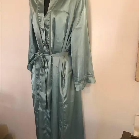 80s seafoam satin  Maxi slip dress with Robe Set Sz Sm