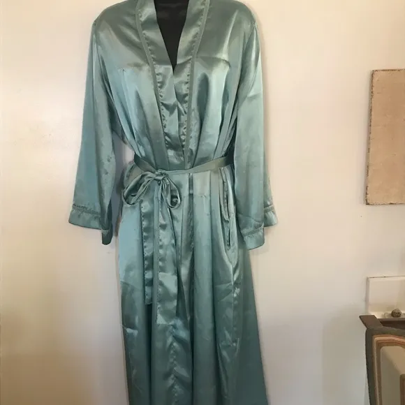 80s seafoam satin  Maxi slip dress with Robe Set Sz Sm