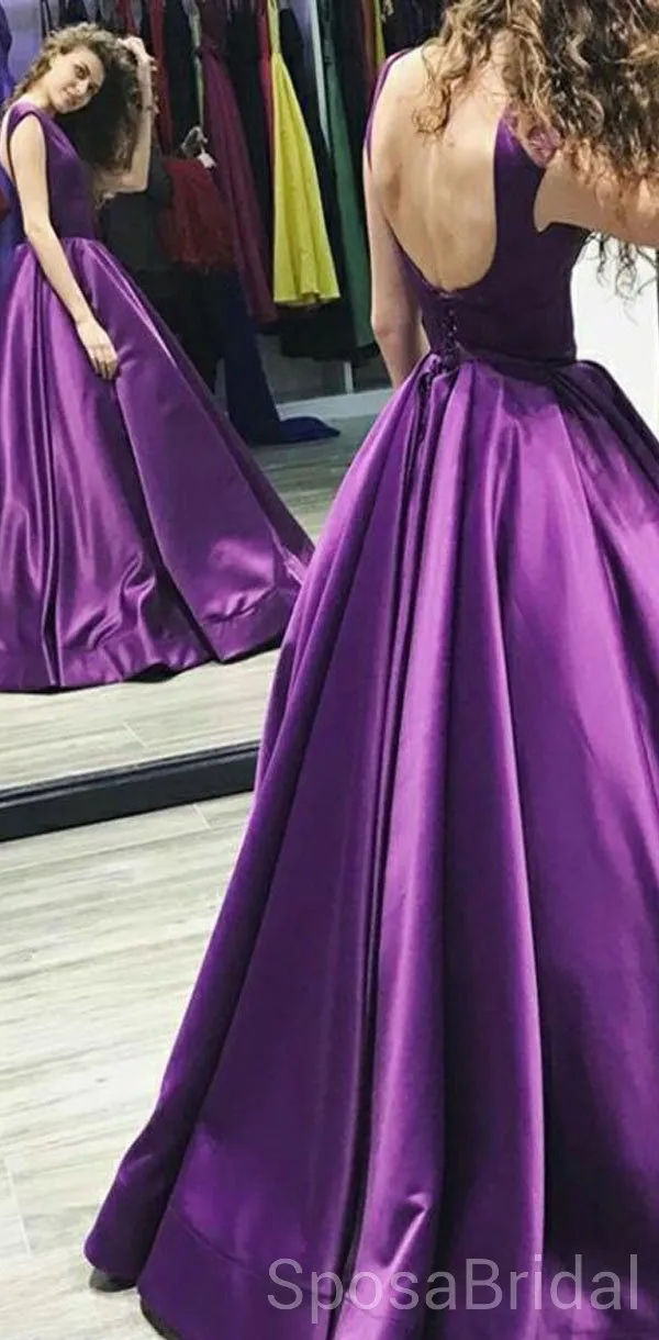 A-Line Bateau Floor-Length Pleated Purple Satin Modest Long Simple  Prom Dresses, PD1246