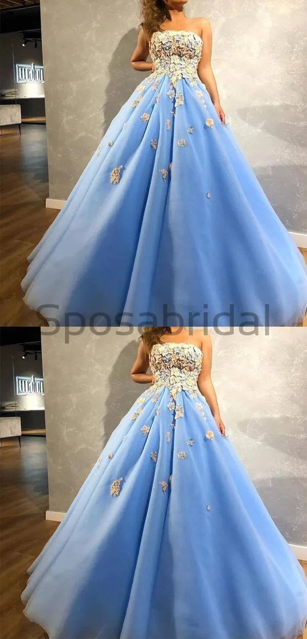 A-line Blue Gorgeous Modest Formal Long Prom Dresses with appliques, Ball gowns PD1505