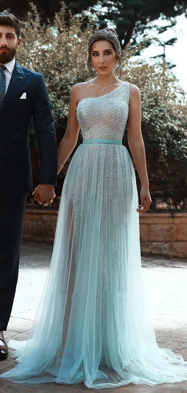 A-line Blue One Shoulder Side Slit Sequin Prom Dresses PD2402