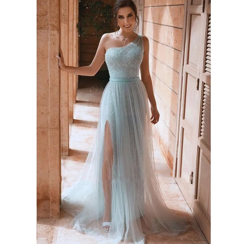 A-line Blue One Shoulder Side Slit Sequin Prom Dresses PD2402