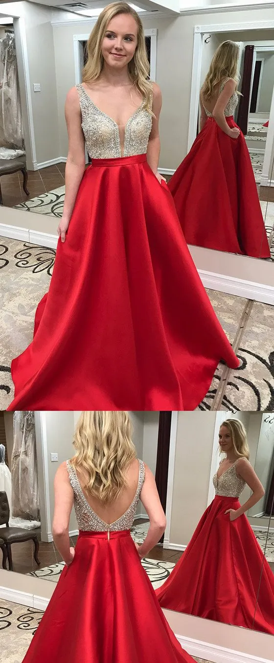A-line Deep V-neck Beading Long Backless Prom Dress, PD007
