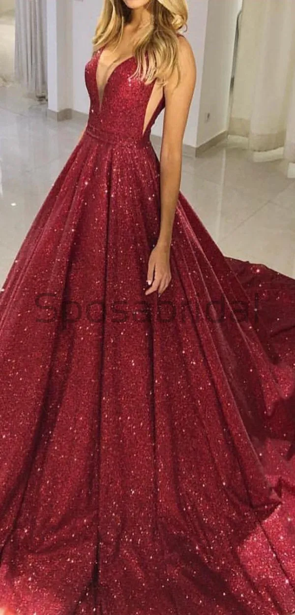 A-line Gorgeous Burgundy V-neck Sequin Sparkly Modest Long Prom Dresses, Ball gown PD1517