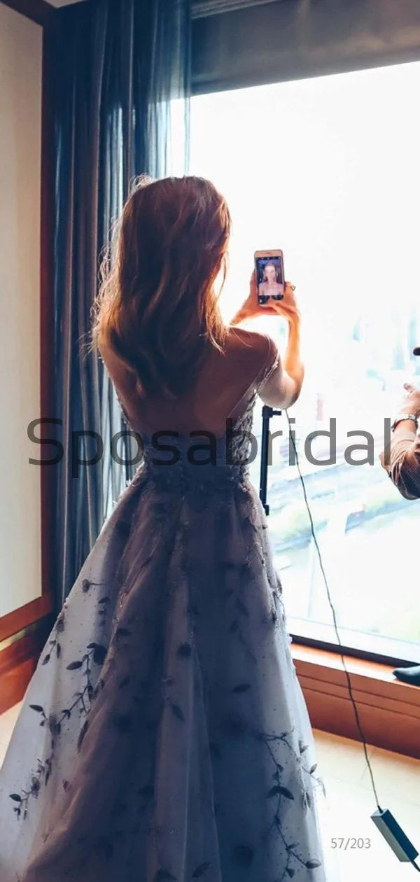 A-line Light Gray Side Slit Lace Modest Long Prom Dresses PD2185