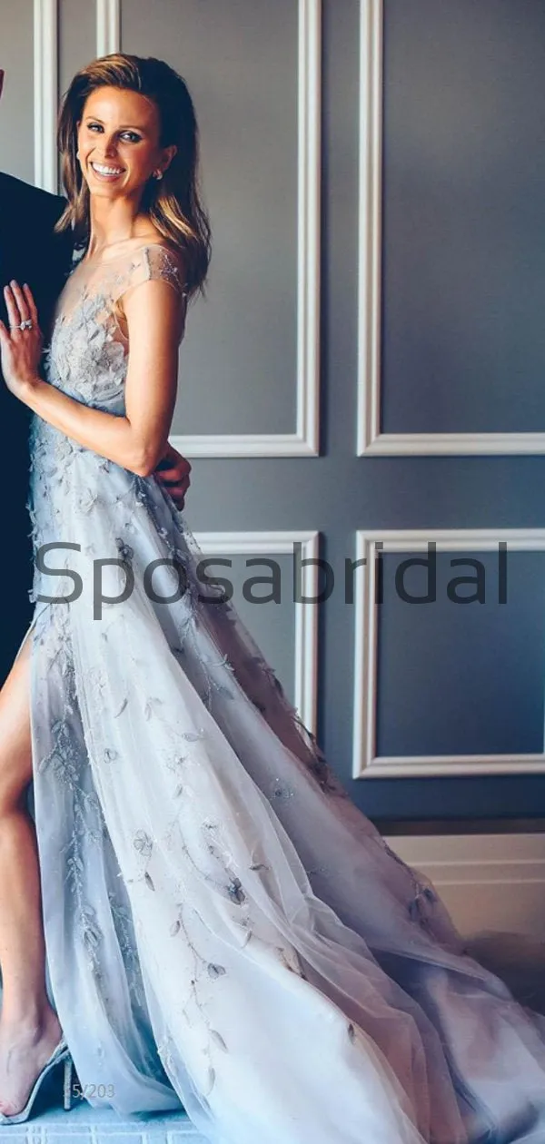 A-line Light Gray Side Slit Lace Modest Long Prom Dresses PD2185