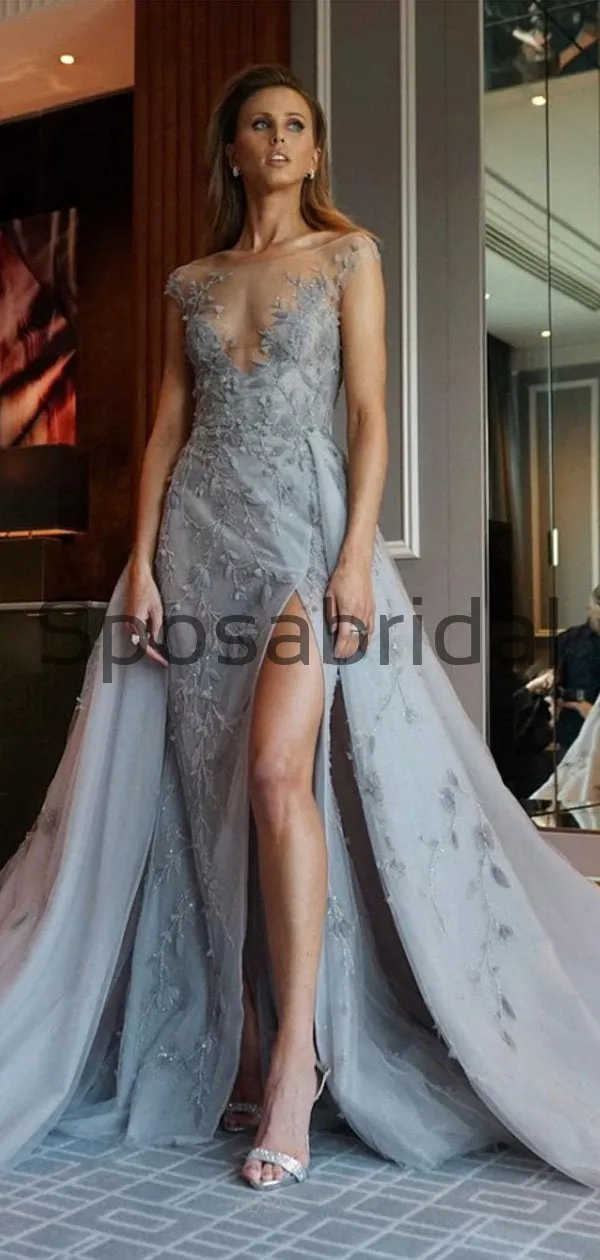 A-line Light Gray Side Slit Lace Modest Long Prom Dresses PD2185