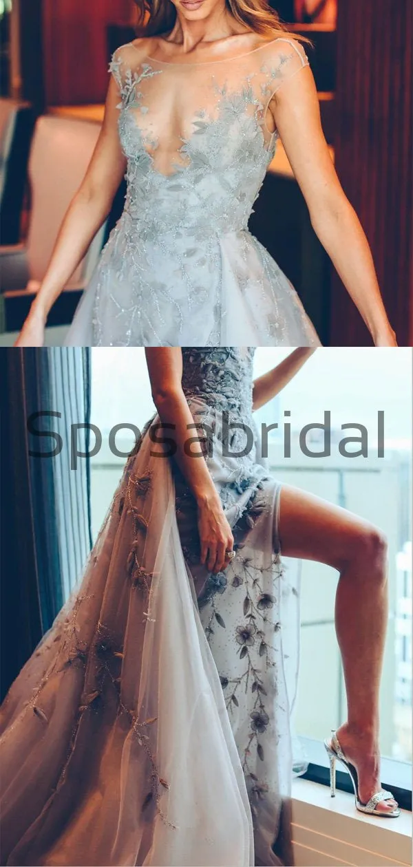 A-line Light Gray Side Slit Lace Modest Long Prom Dresses PD2185