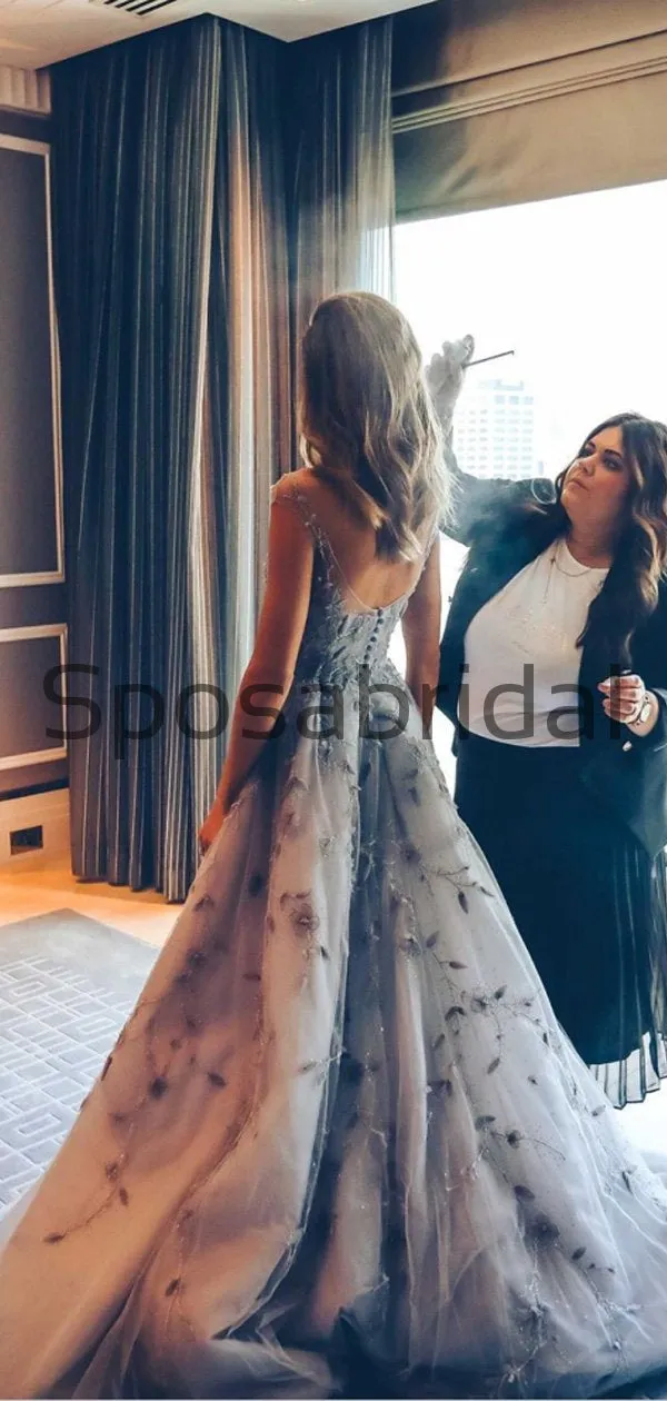 A-line Light Gray Side Slit Lace Modest Long Prom Dresses PD2185