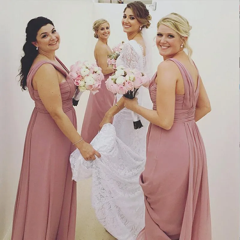 A-Line  Long Dusty Pink Chiffon Cheap Modest Sexy Unique Soft Elegant Hot Sale Mismatched Bridesmaid Dresses Online, WG259