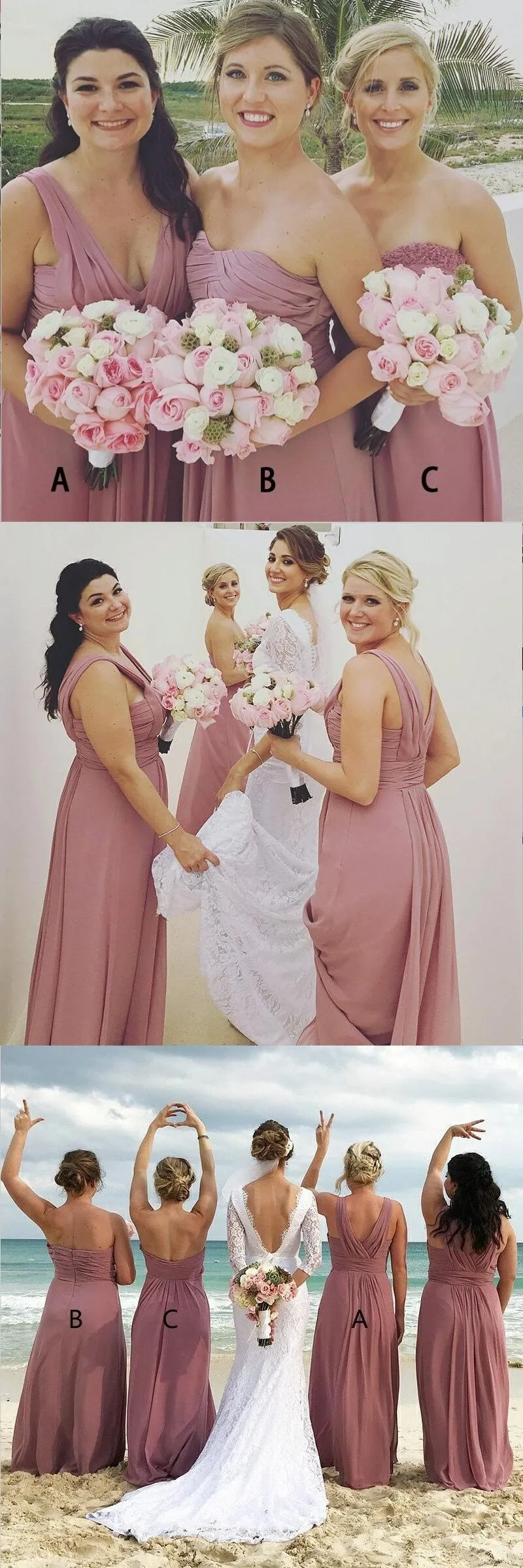 A-Line  Long Dusty Pink Chiffon Cheap Modest Sexy Unique Soft Elegant Hot Sale Mismatched Bridesmaid Dresses Online, WG259
