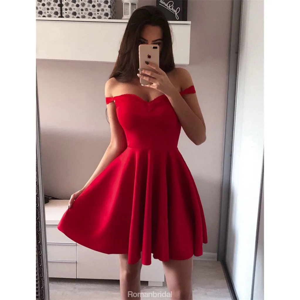 A-line Off-shoulder Red Sleeveless Simple Short Homecoming Dresses, HD0469
