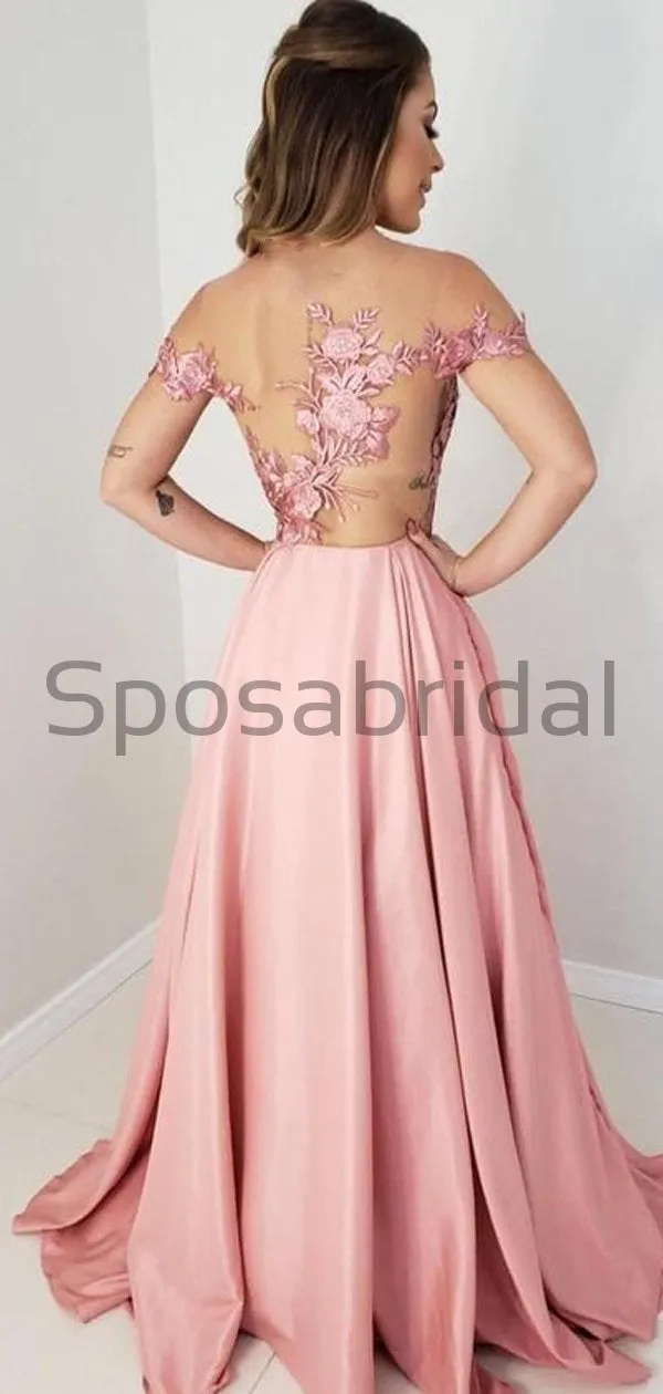 A-line Off the Shoulder Pink Satin Long Formal Elegant Prom Dresses with appliques PD1719