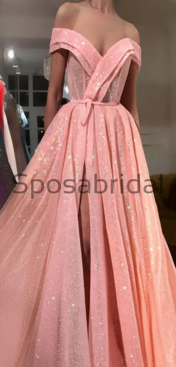 A-Line Pink Sparkly Side Slit Off the Shoulder Formal Long Prom Dresses PD1807