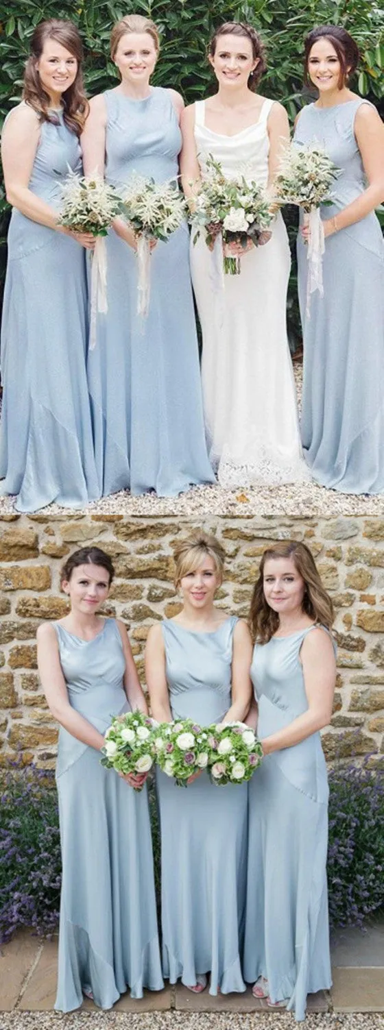 A-Line Round Neck Sleeveless Light Blue Satin Simple Cheap Bridesmaid Dress, BD0507