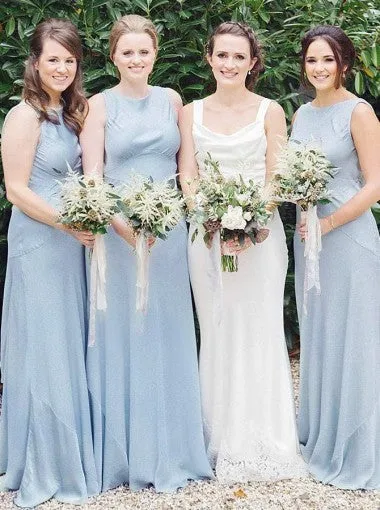 A-Line Round Neck Sleeveless Light Blue Satin Simple Cheap Bridesmaid Dress, BD0507