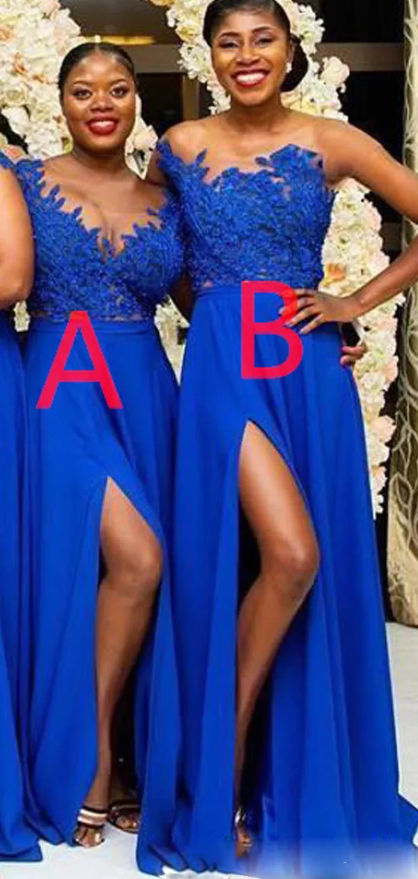 A-line Royal Blue Side Slit Lace Gorgeous Bridesmaid Dresses WG603