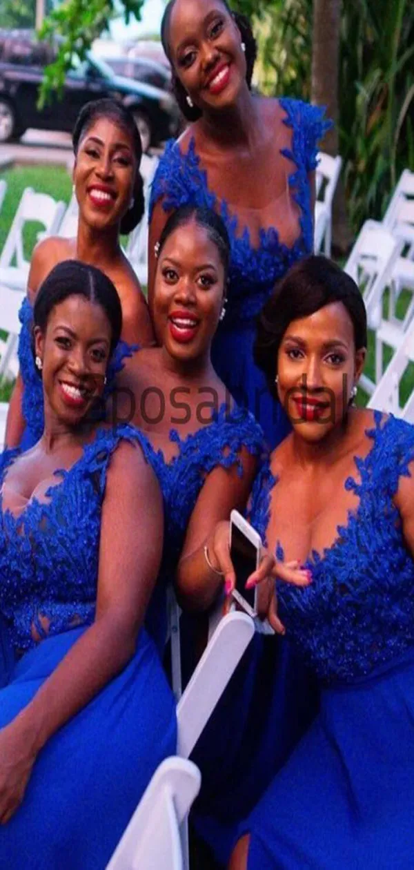 A-line Royal Blue Side Slit Lace Gorgeous Bridesmaid Dresses WG603