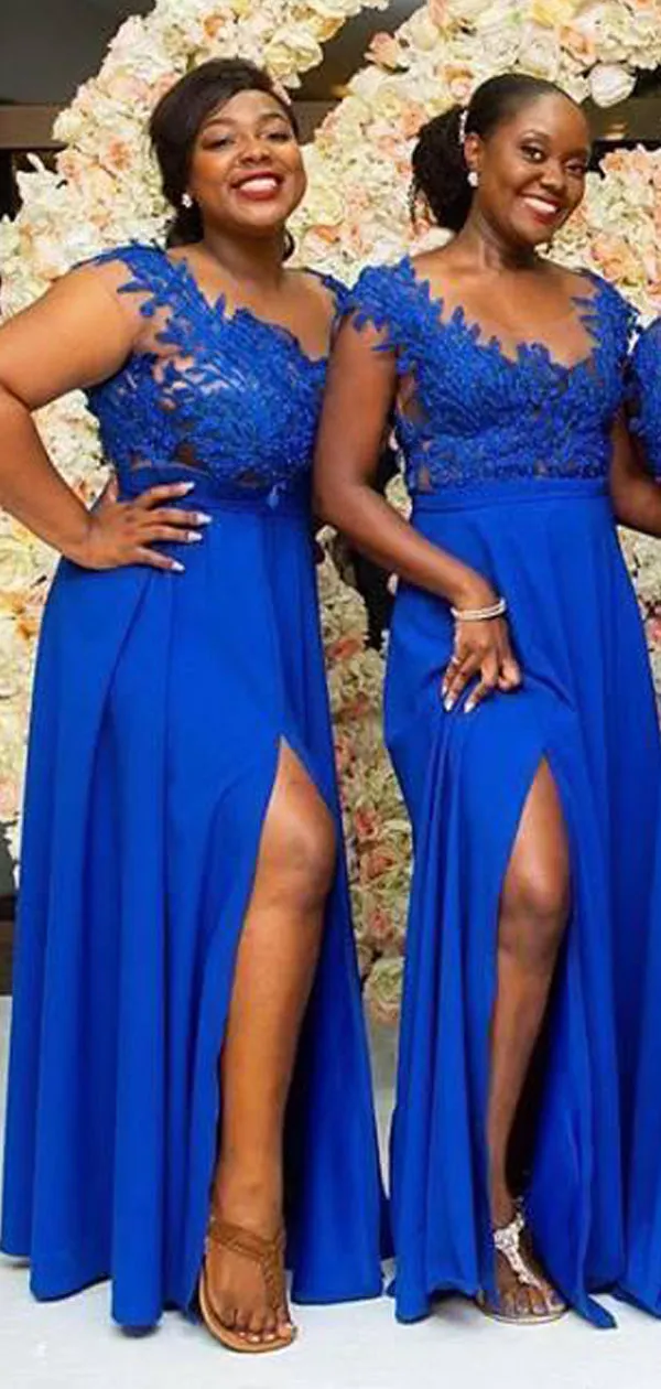 A-line Royal Blue Side Slit Lace Gorgeous Bridesmaid Dresses WG603