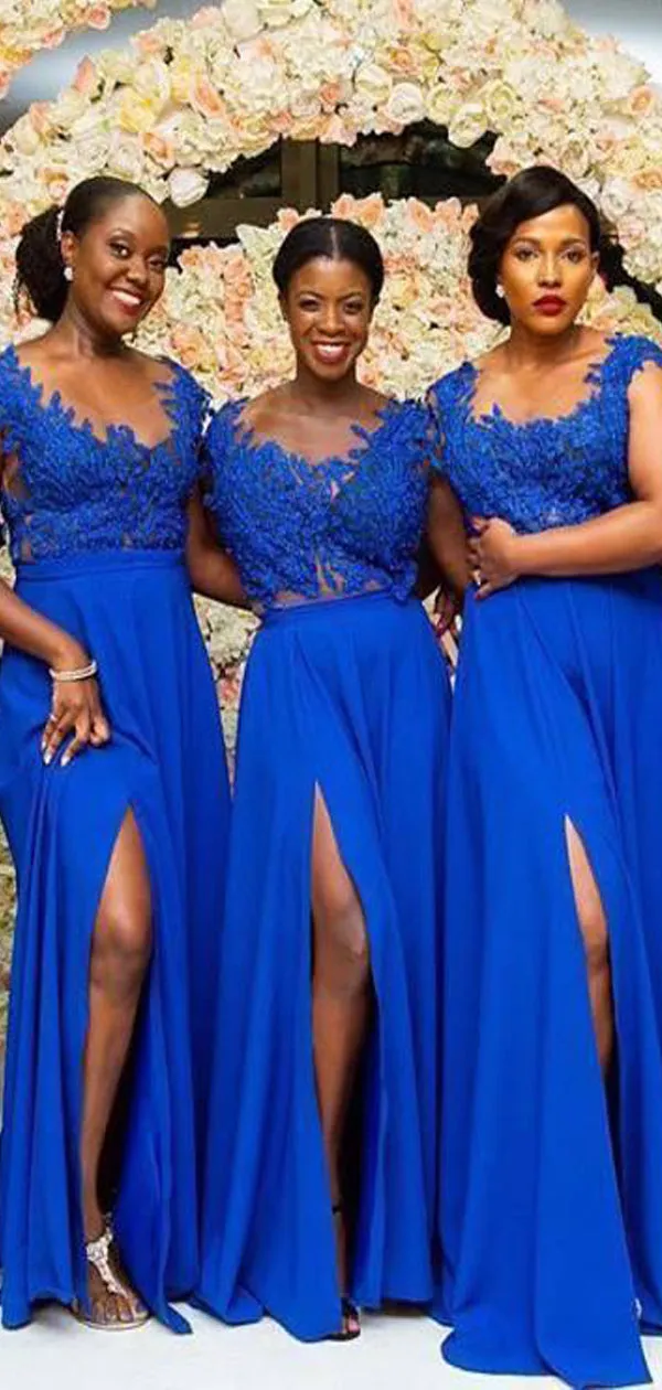 A-line Royal Blue Side Slit Lace Gorgeous Bridesmaid Dresses WG603