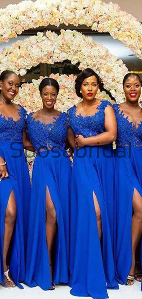 A-line Royal Blue Side Slit Lace Gorgeous Bridesmaid Dresses WG603