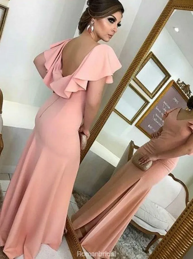 A-line Simple Split V-back Bridesmaid Dress with Ruffles, BD0537