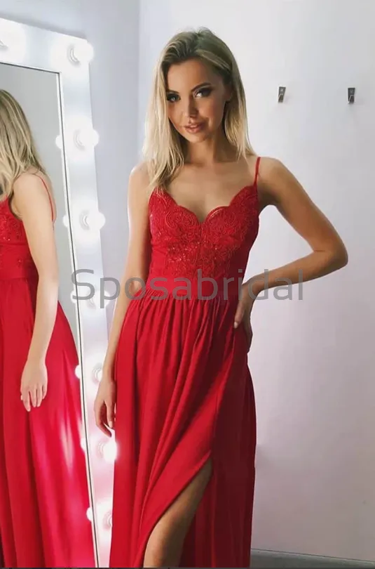 A-line Spaghetti Straps Red Side Slit Lace Modest Prom Dresses PD2158