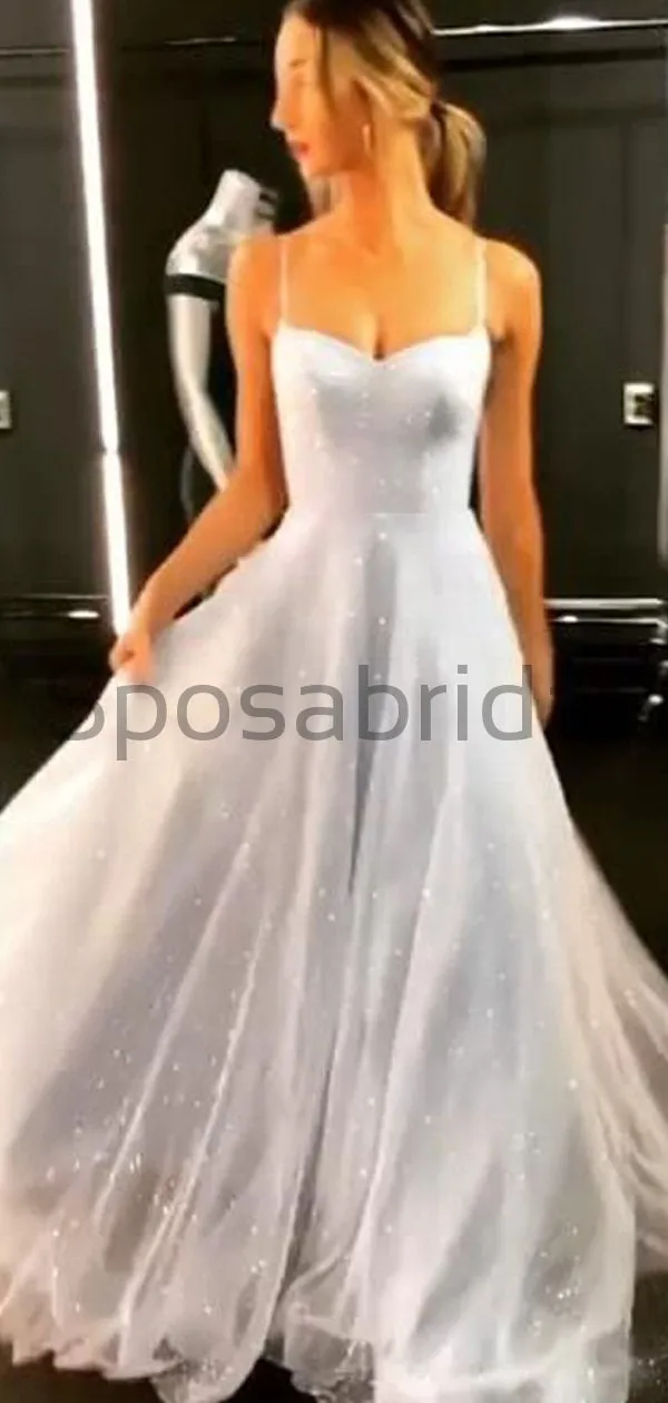 A-line Spaghetti Straps Sparkly Ivory Long Shining Gorgeous Prom Dresses PD1732