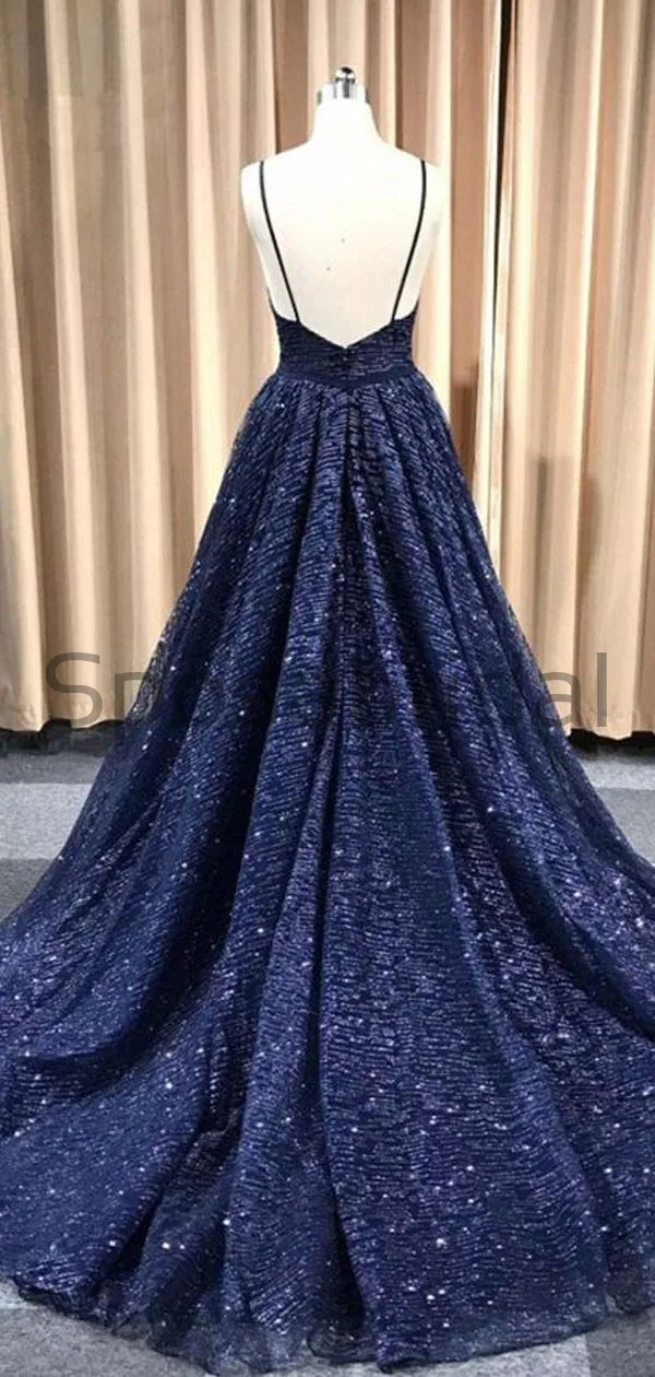 A-line Spaghetti Straps Sparkly Navy Blue Sequin Long Shining Gorgeous Prom Dresses PD1733