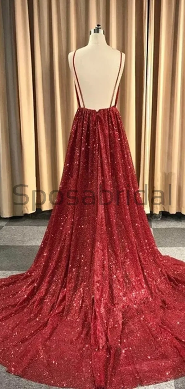 A-line Spaghetti Straps Sparkly Red Sequin Long Shining Gorgeous Prom Dresses PD1736