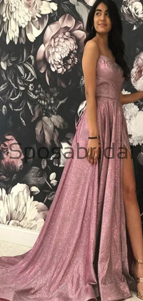 A-line Spahetti Staps Sparkly Stunning Simple Cheap Prom Dresses PD2296