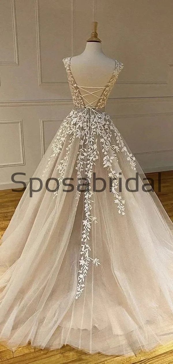 A-line Straps Champagne Lace Long Formal Modest Prom Dresses PD2265